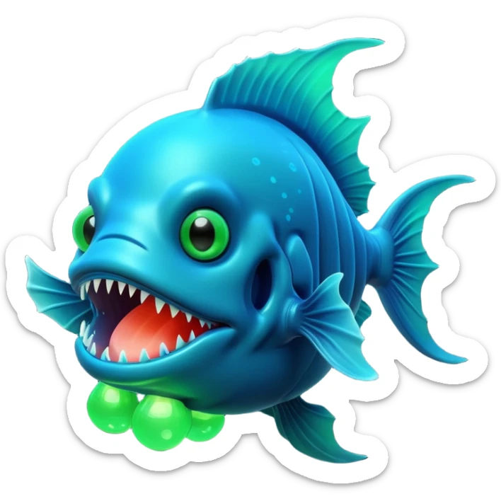 3D render of Anglerfish, bioluminescent deep sea style, glowing neon blue and green lights, dark background to contrast the glow, translucent organic textures, Apple emoji style. sticker