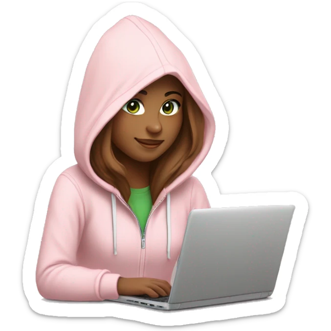 a girl with brown long hair, fair skin, green eyes, works relaxed and smiling at a modern laptop in a monochrome pale pink zip hoodie with a hood that is slightly pulled over her head sticker