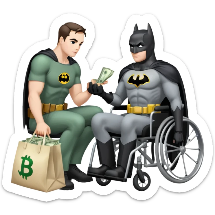 Batman kneeling down to man in wheelchair with bags of cash behind him sticker