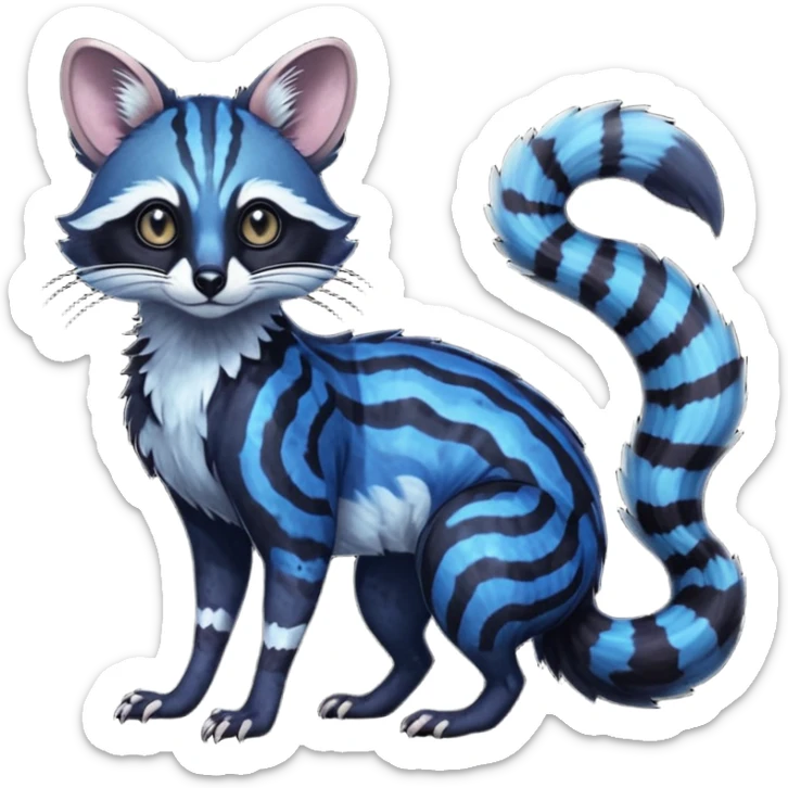 Feral Rare Fantasy iridescent scaly evil spooky vibrant dark shady shaded detailed deep-dark-cobalt-blue-gradients-colored colorful Genet-Trico-Cacomistle-Tanuki-Margay-species by LiLaiRa, with dark-blackish points, white belly, random markings, tufted tail, tufted ears, full body sticker