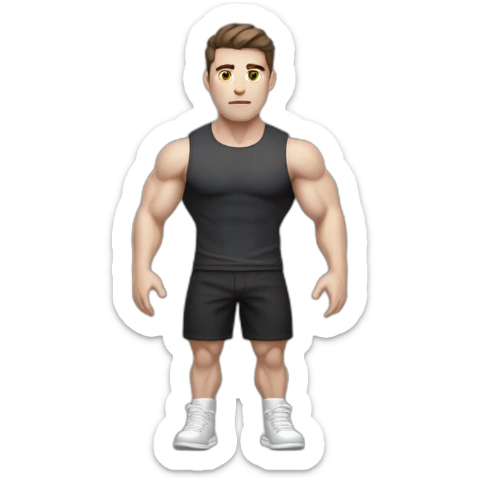 Confused Pale skinned Fit Man With the biceps and dark brown hair in black shirt, gray sports shorts and white Sneakers sticker