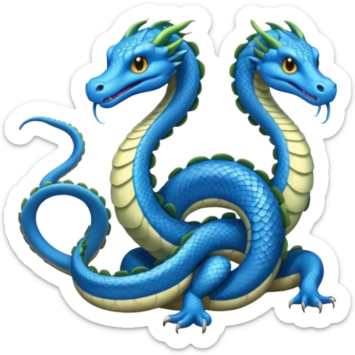 Hydra emoji – full body, blue scales, 3 serpent heads, 4 legs, tail, no wings, not worm-like, slight side angle, cute emoji style, no background
 sticker