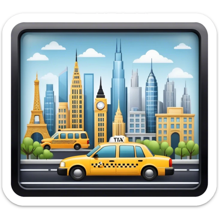 Icon for Urban Tourism: a skyline with iconic city landmarks, like skyscrapers, a subway and a taxi, with travel accessories like a camera and map. The icon should represent the excitement of exploring urban environments. Transparent background. sticker