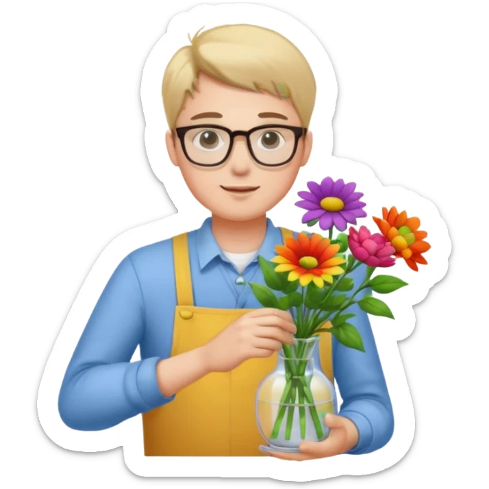 Young male florist – wearing glasses, arranging flowers in a vase. sticker