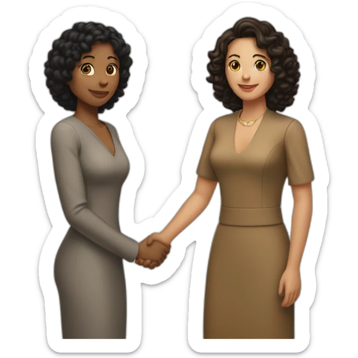 tan mid-sized woman with black curly hair shakes hands with a mid-sized pale woman with straight brown hair sticker