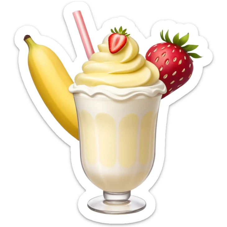 Milkshake vanilla with a banana sticking out of the milk shake it and two strawberries on both sides of the banana at the very tip of the banana, whipped cream and a smiley face one big banana coming out of milk shake sticker