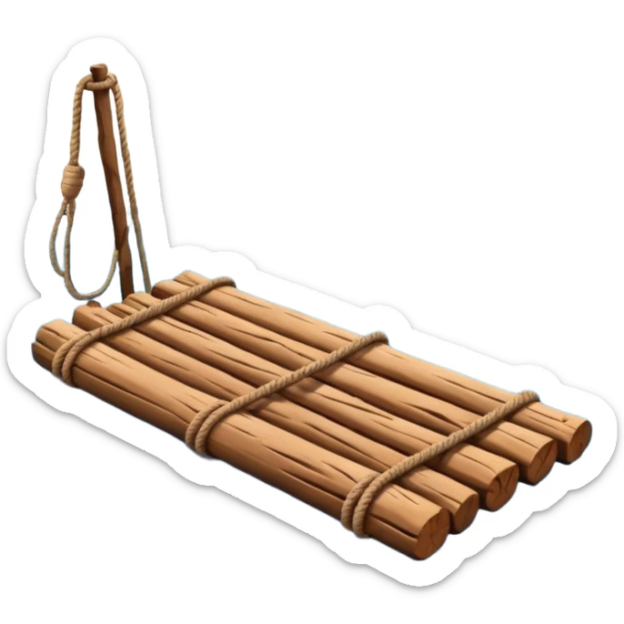showing a simple wooden raft floating on calm blue water — made of several brown logs tied together with rope — gentle ripples around it — bright, cheerful lighting and soft shadows — minimalist, clean emoji design sticker