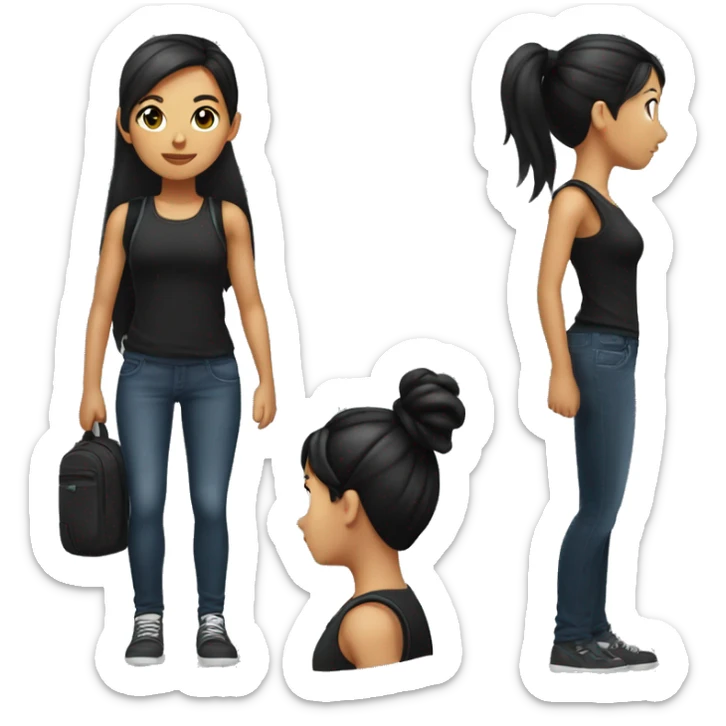 girl with black hair in a ponytail and a black jean and a black sleeveless shirt wearing a backpack sticker