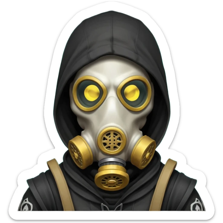 skeleton wearing a gas mask portrait, head and shoulders only, dark hood, glowing eyes inside mask, post-apocalyptic vibe, 3D cartoon, mobile game icon style, clean background, no text, no watermark
 sticker