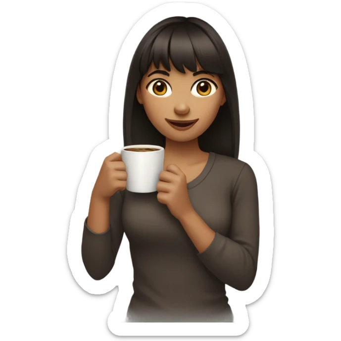 a girl with dark brown hair and bangs holds a cup of coffee in her hands sticker