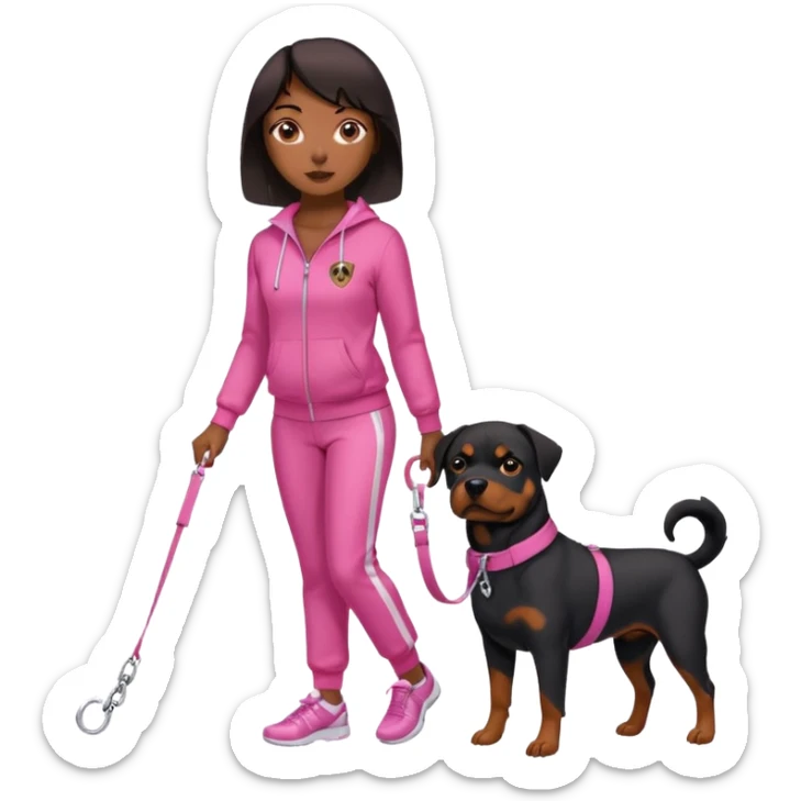 Rottweiler on leash by African American woman in all pink track suit sticker