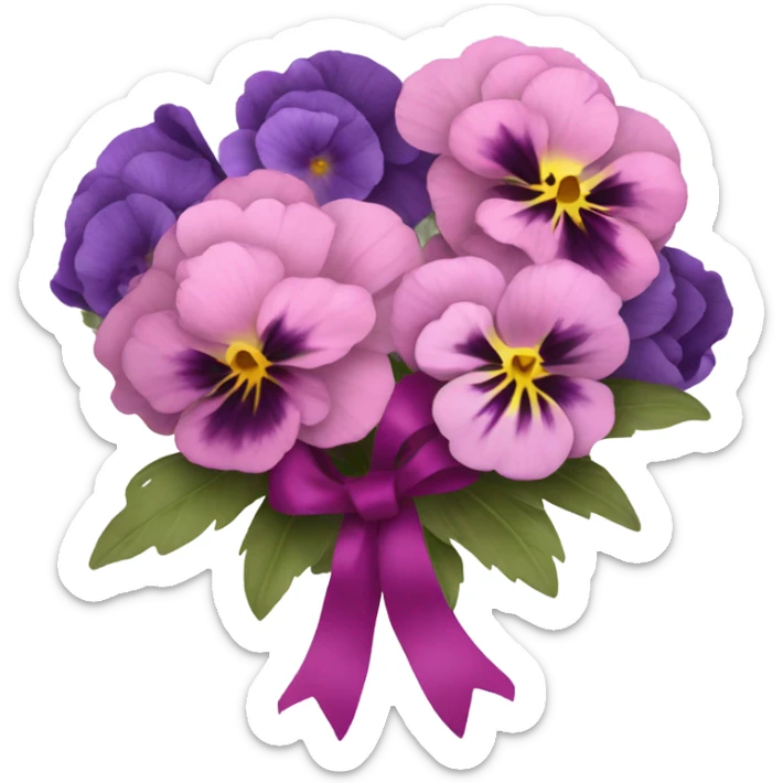 Bouquet composed of pink pansies, violet peonies tied with a dark pink ribbon and in the background purple butterflies  sticker