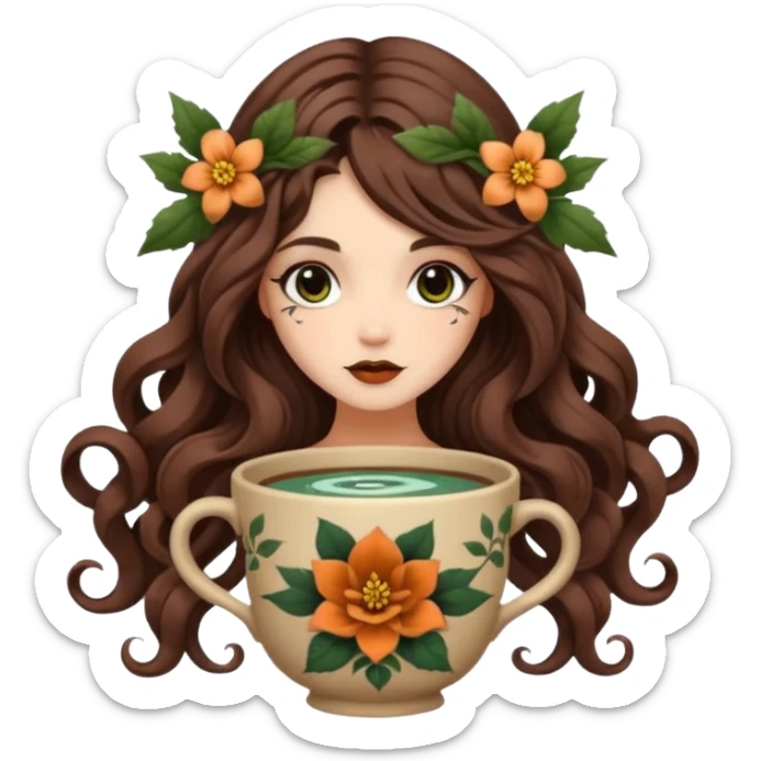 cute forest witch woman long wavy brown hair tattoos curled in flower cup sticker