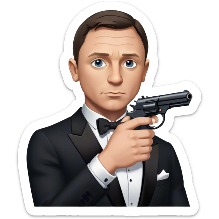 Cinematic Realistic James Bond Daniel Craig Portrait Emoji, depicted as the ultimate suave and enigmatic secret agent, donning a sharply tailored tuxedo, gripping a sleek handgun, with a piercing gaze that exudes confidence and danger. The scene is infused with moody, high-contrast cinematic lighting, evoking the thrilling world of espionage and intrigue. sticker
