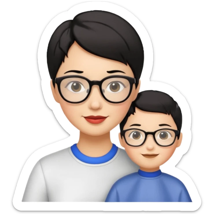 Happy woman with very short hair and glasses having haircut sticker