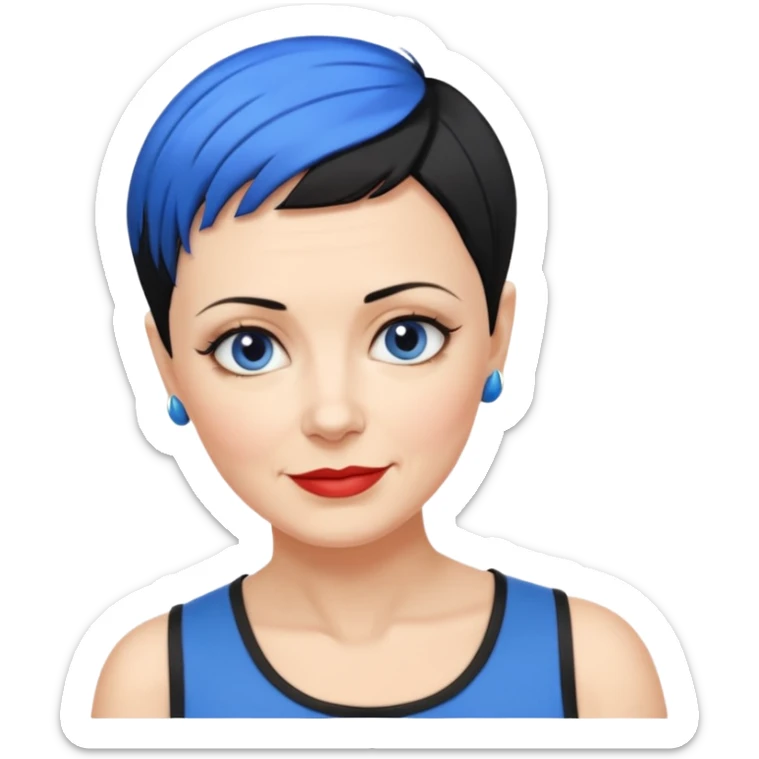 reife frau, vierzig Jahre alt kein kind! freche extreme schwarze Kurzhaarfrisur eine Seite wirklich fast keine Haare andere Seite mit blauer Strähne kurze Seite noch viel kürzer sticker