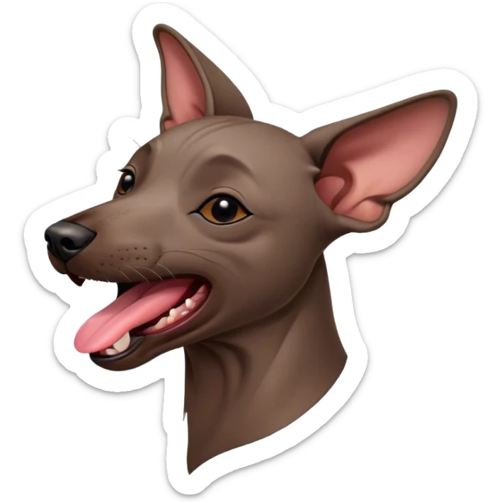 Cinematic Cute Yawning Xoloitzcuintle dog Portrait Emoji, Head tilted slightly with a dramatic, wide-open yawn, showcasing smooth, hairless ebony skin with gently relaxed wrinkles and floppy ears slightly drooping, round dark eyes barely open in drowsy contentment, Simplified yet irresistibly adorable features, highly detailed, glowing with a soft, cozy glow, high shine, relaxed yet expressive, stylized with a touch of whimsy, bright and endearing, soft glowing outline, capturing the essence of a sleepy yet affectionate guardian, so drowsy it feels like it could stretch out of the screen and curl up for a nap! sticker