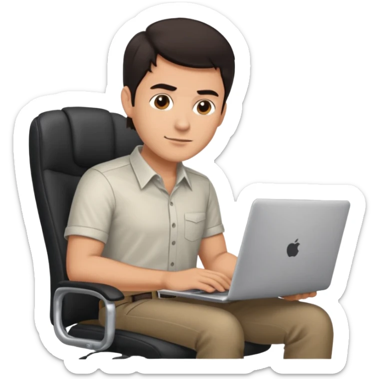 Rich man sitting on a office chair, working at desk, looking to laptop in shirt, dark hair, he is german very beautiful looks like, full body view sticker