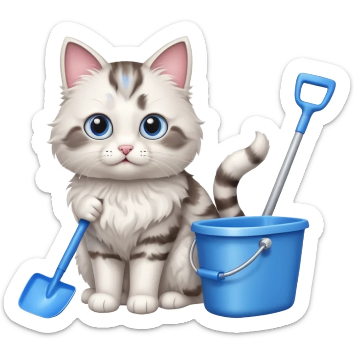A very cute cat holding a toilet shovel, a litter box beside it sticker