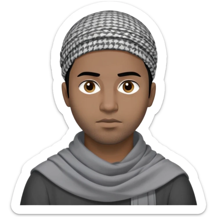 người đàn ông 30 tuổi, da đen, tóc ngắn màu đen, đội khăn kaffiyeh màu xám, mặt ngầu, áo đen, nửa thân treen sticker