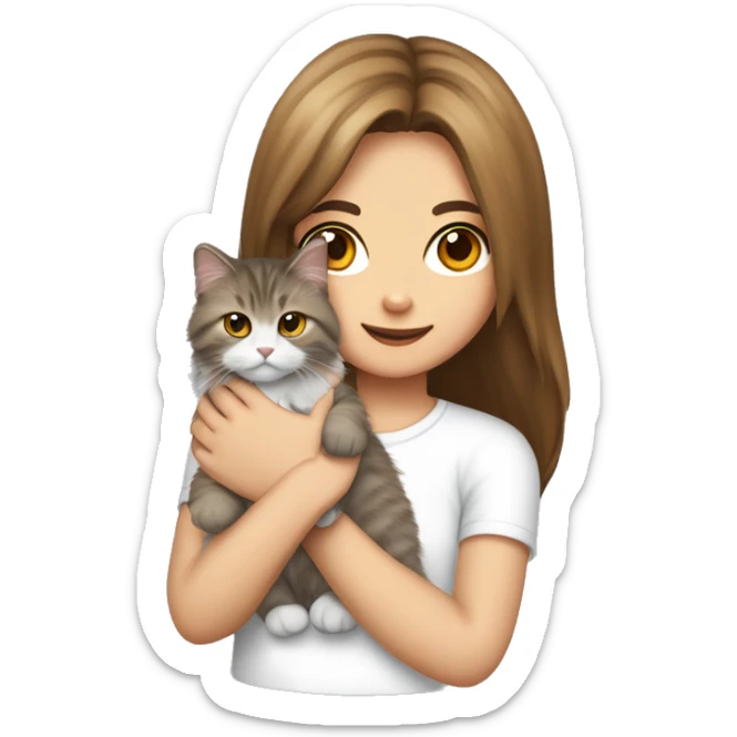 a Siberian cat in the hands of a girl with long brown hair in a white T-shirt sticker