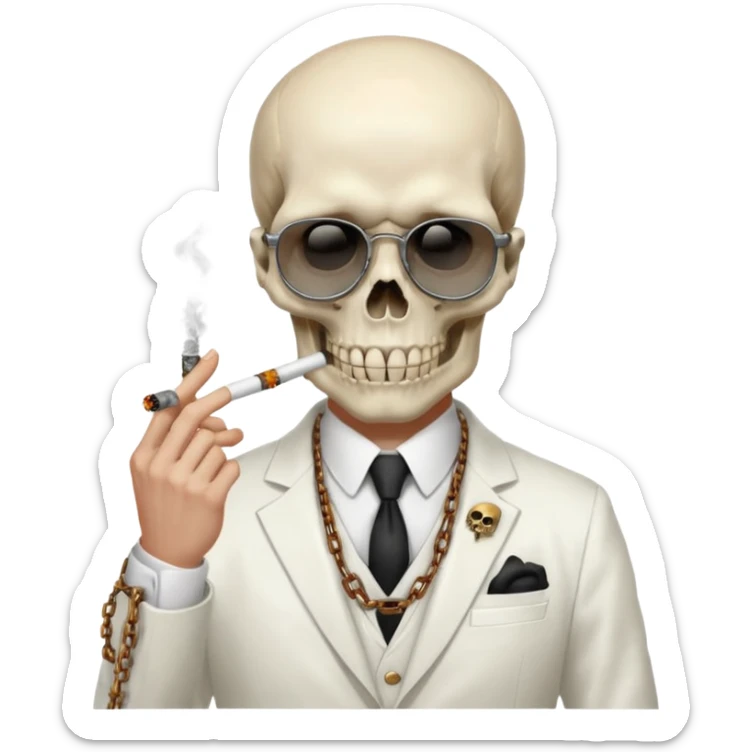 cinematic realistic - steampunk Megadeth - a gentleman in a white suit that smokes, has a skull instead of a head, wears rusty metal glasses with chains sticker