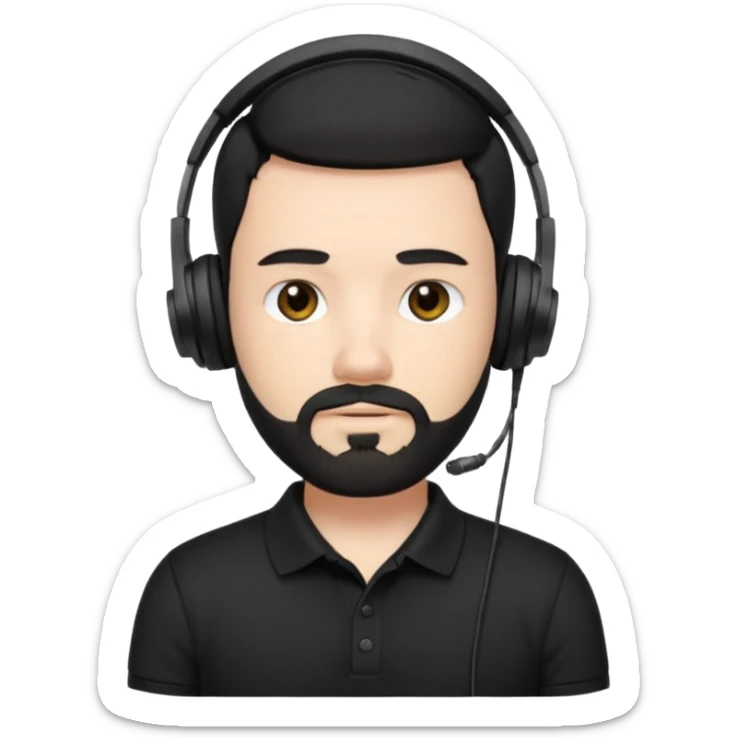 black and  hair with beard and headphones white skin male and nice polo shirt hair short on side black polo  sticker