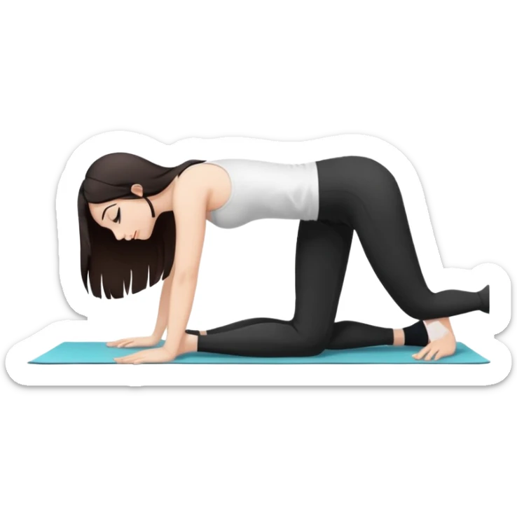 Девушка белокожая в позе собака мордой вниз, с длинными темными волосами, в белом топе, в черных лосинах, с черными ресницами sticker