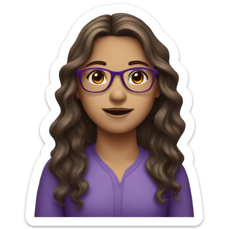 Girl who has brown hair and purple glasses, long wavy hair sticker