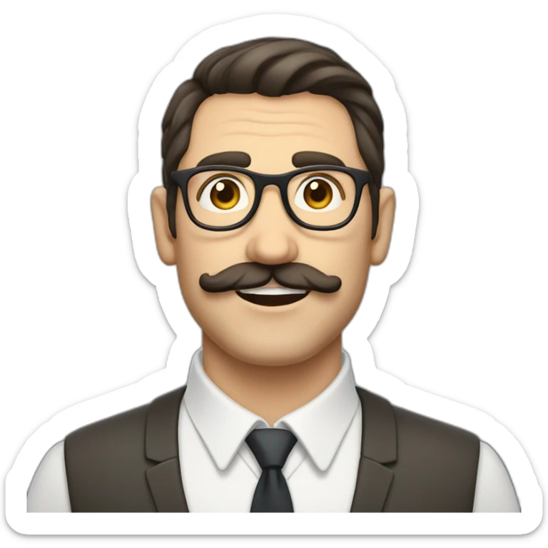 Mid age dark hair white British guy with a crooked short moustache, short hair and rounded glasses sticker