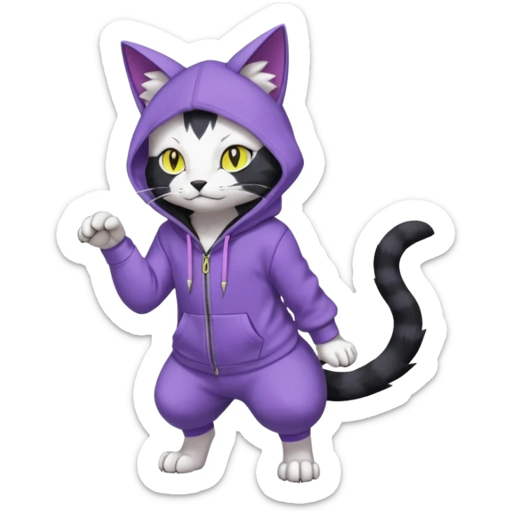 Black cat-garurumon-Gatomon-purloin-feline-Fakemon-Digimon-creature wearing a violet hoodie fursona (full body)  sticker