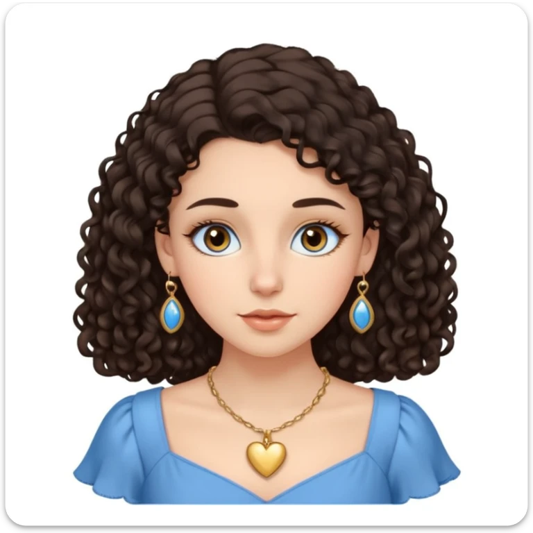 white girl, dark curly hair, big brown eyes, oval face, straight nose, full lips, soft eyebrows, wearing a delicate blue dress, a golden heart necklace, long eyelashes  sticker