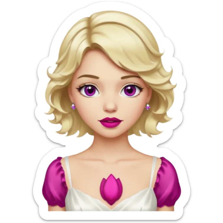 Bride with short wavy blonde hair, hot pink background and white silk chemise dress. Add fuscia background. Add fuscia lipstick sticker