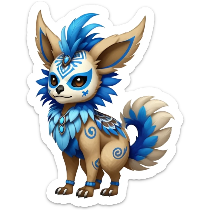 Furry cute colorful exotic tribal feral anime-styled Fakémon-Pokémon-animal-creature with a skull mask, and blue feathers around neck, and blue feathers, with long furry ears, long furry tail, 4 legs, (full body), with intricate pattern-markings  sticker