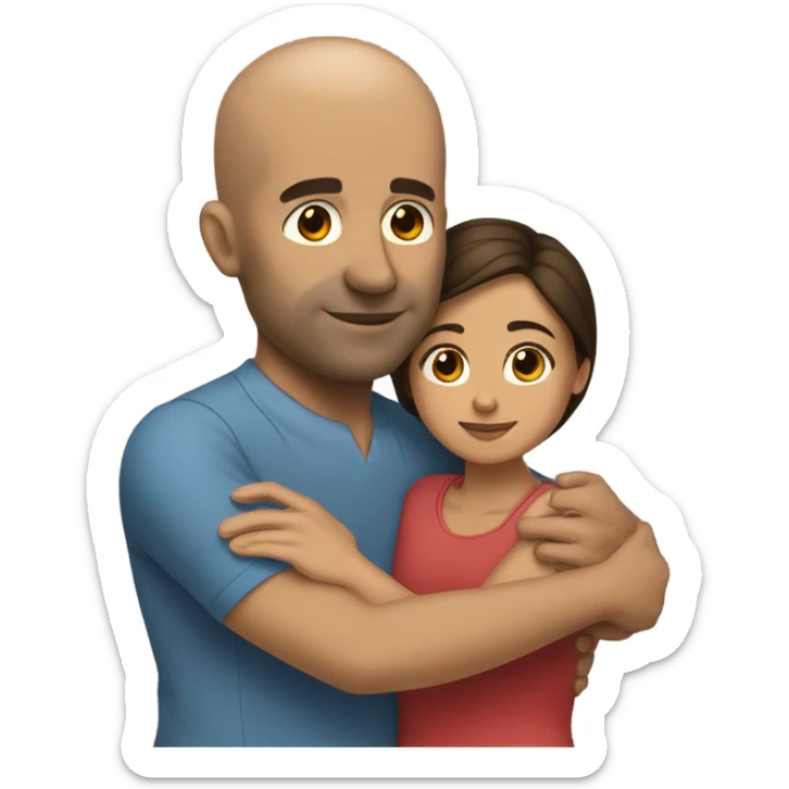 Comforting hug from tall, brunette, Puerto Rican woman to shorter bald male sticker