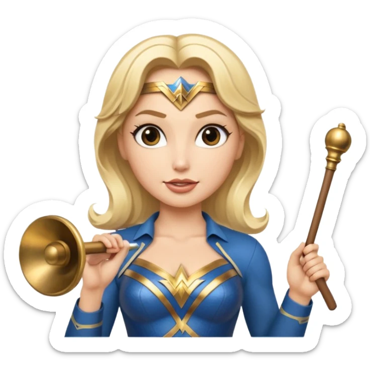 Blonde Wonder Woman holding bell and short white orchestra conductor’s baton  sticker