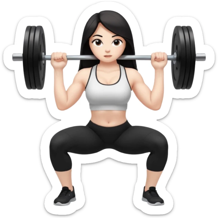 Девушка белокожая, с длинными темными волосами, в одежде для йоги - черные лосины, белый топ, делает присед со штангой 100 килограмм на плечах, правильные пропорции тела, только человек, весь эмодзи это вид в профиль sticker