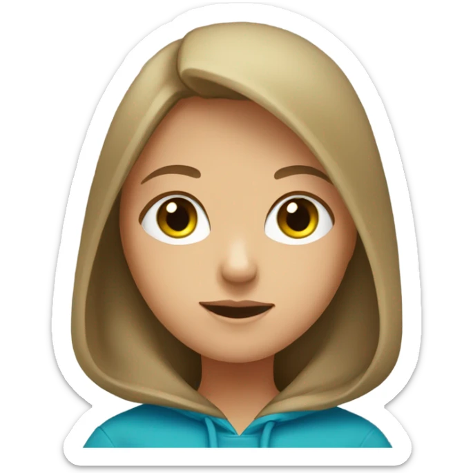 A girl with brown hair and blonde highlights with a blue hoodie and a cute nose with green eyes sticker