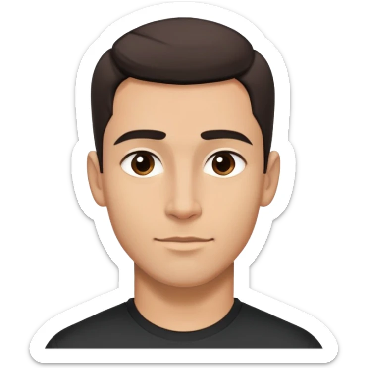 Attractive man in his 40s with youthful appearance, light brown skin, elongated face, defined jawline, medium dark eyes, arched eyebrows, straight nose, handsome friendly expression, short dark hair styled upward, athletic build, wearing a fitted black t-shirt sticker