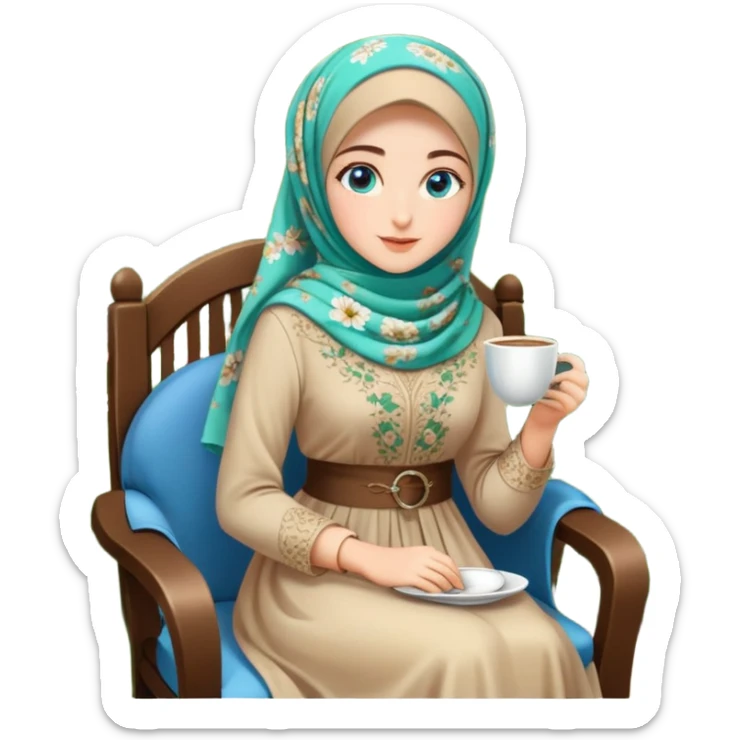 Turkish beautiful finish Konya girls blue eyes with Beautiful light brown green floral hijab long tail dress and in a lovely garden sits on the chair on the ground and holds cup coffe with her hand  sticker