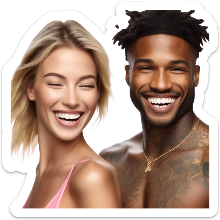 Photo of Victoria secret model laughing with a tattooed male model  sticker