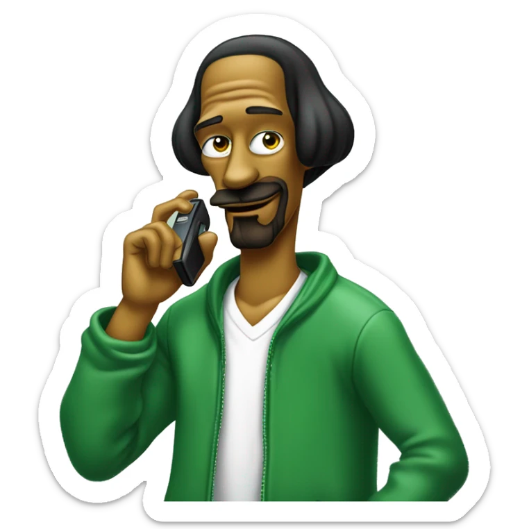 Snoop Dogg in simpson style dressed as camrom green outfit making a phone call on a flip phon  sticker