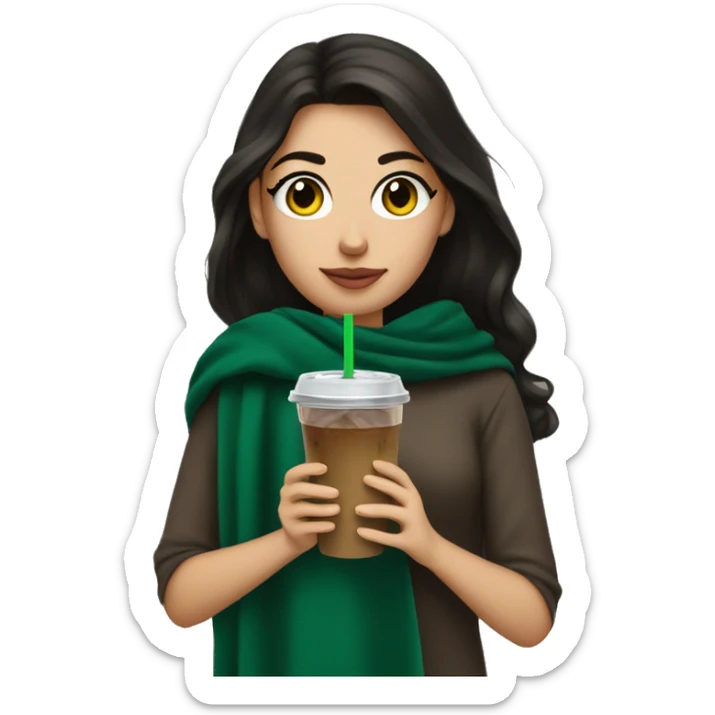 brunette girl with long lashes and a dark green blanket wrapped around her shoulders holding an iced coffee sticker