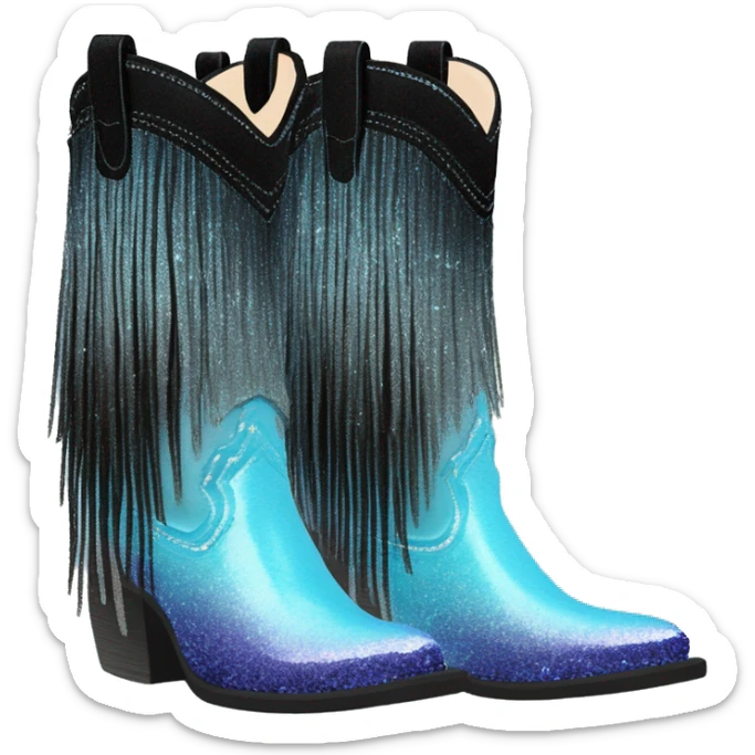 Realistic pastel blue to black ombre pair of fashion cowgirl boots with sparkly shiny glitter fringe on them. sticker