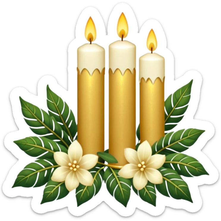 Aesthetic scenic romantic vintage styled beautiful gorgeous holy divine spiritual pretty elegant sparkly shiny scene of Candles, flowers, plants leaves, scenic aesthetic scenery sticker