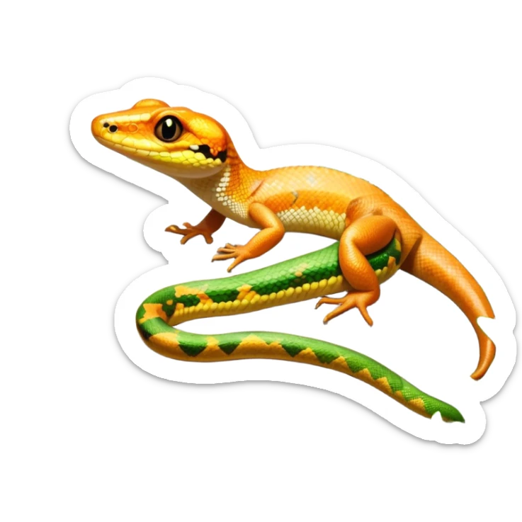 Close-up of a vibrant gecko and a snake coiled on rocks, surrounded by lush greenery and terrarium plants. Soft natural lighting enhances the textures and colors of their scales. Transparent background, with a focus on the reptilian details. sticker