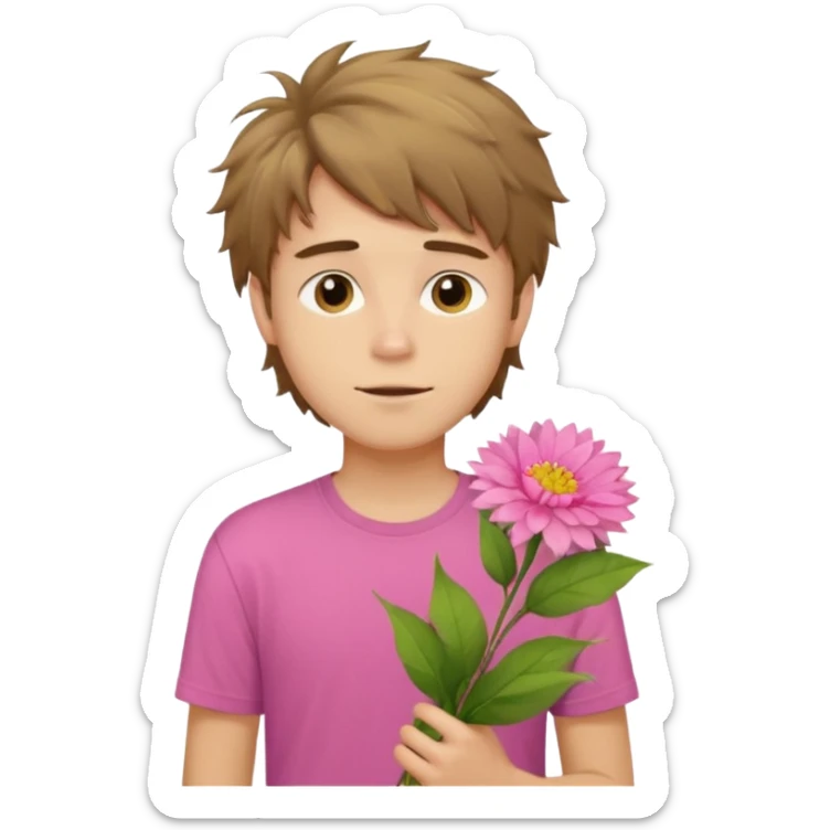 generate an ios genmoji of a 20 year old fair boy with brown long and messy hair with stubble on cheeks. carrying a pink flower bouquet, wearing a yellow tshirt, looking shy sticker