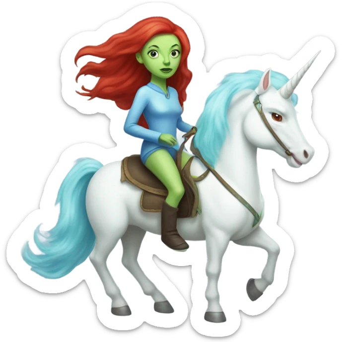 [
	{ woman: alien, color: light green, hair:red, eyes:blue} ]
	on a 
	[{ unicorn: white, legged:six, mane: light blue }] sticker