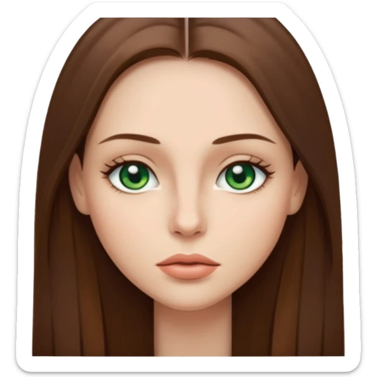 Female face emoji. Straight long brown hair, fair skin, green eyes, neutral expression, closed lips, minimal makeup sticker