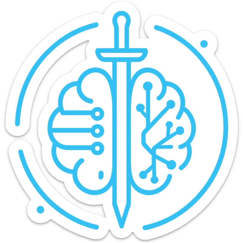 minimalist badge of a brain divided by a neural blade, circuits and neurons in hemispheres, broken circle with three points, flat, monochromatic neon blue, representing strategy and technological mastery sticker